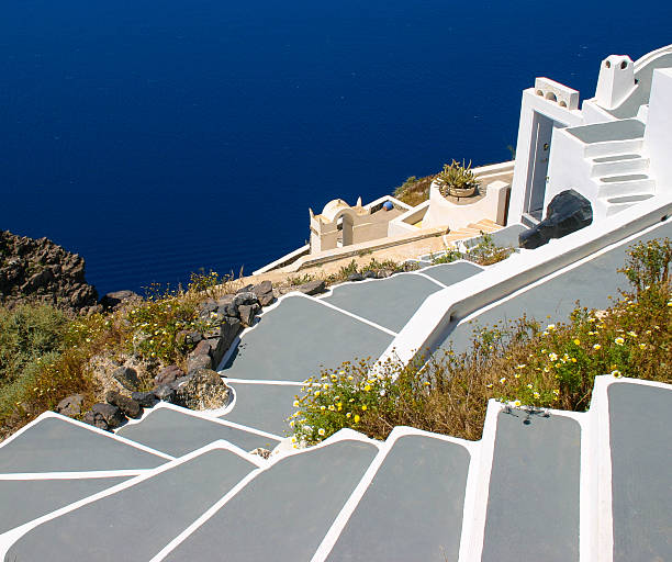 descending staircase with white borders and gray steps leading down a hillside toward deep blue water, surrounded by rocks, vegetation, and blooming wildflowers, with whitewashed buildings featuring arched doorways and flat roofs visible near the shoreline.