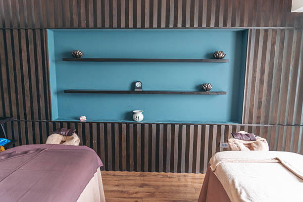 Spa salon objects aroma Cozy living room empty space for display product. Warm home interior simple living space treatment. Home showcase interior blur background bokeh furniture vintage decoration