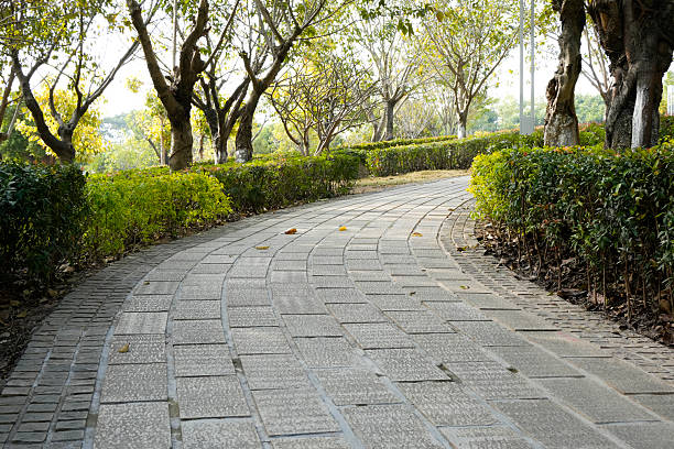 A gently curving stone-paved pathway winds through a peaceful urban park, flanked by neatly trimmed hedges and mature trees. Sunlight filters through the canopy, casting dappled shadows on the textured pavement. Scattered fallen leaves add a touch of seasonal charm. The scene evokes calmness and invites leisurely strolls, ideal for themes of nature, relaxation, urban landscaping, and sustainable city design.