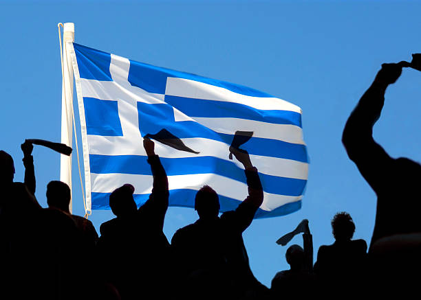 Greece,  Greek national flag with cheering crowd