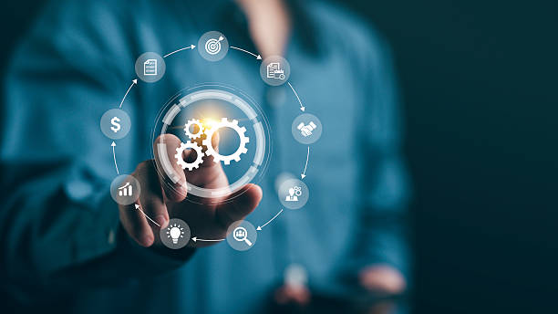 istock Business process automation concept with digital gears and workflow icons. Smart technology solution for management, strategy planning, optimization, innovation, and corporate efficiency. 2257165625