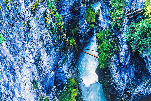 Rapid river in a mountain canyon from above