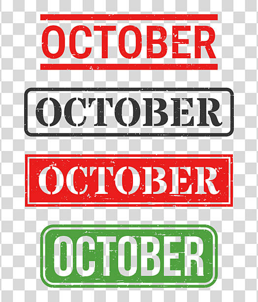 October. Grunge rubber stamps for your own design, isolated on a transparent background. Four trendy stamps with a slight grunge texture, in different styles and ink colors. The first stamp is in red ink with lines above and below the text. The second stamp is in black ink with the text framed. The third stamp is in red ink with the text transparent. The fourth stamp is in green ink with the text transparent. Vector Illustration (EPS file, well layered and grouped). Easy to edit, manipulate, resize or colorize. Vector and Jpeg file of different sizes.