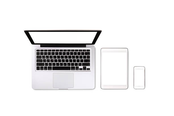 Laptop tablet and smartphone on white background with text space and copy space