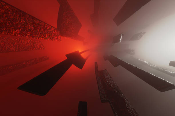Abstract 3D render showing red illuminated geometric forms floating and converging toward a bright center. No people present. Futuristic visual concept.