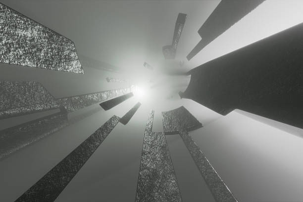 Abstract 3D render in gray scale showing geometric blocks floating in a foggy tunnel, converging toward a bright light. No people present.