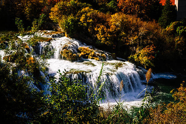 Plitvice Lakes during the day with waterfall and rushing water