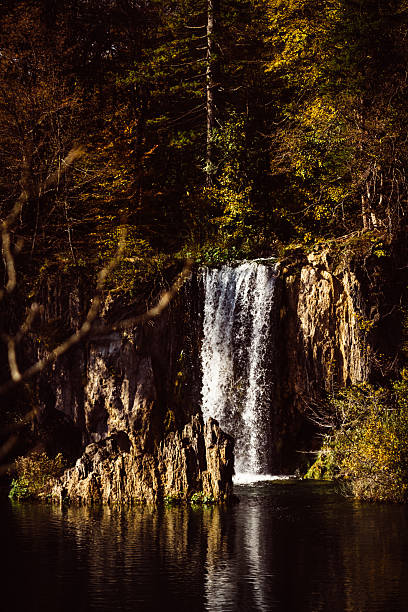 Plitvice Lakes National Park, Lika-Senj County / Karlovac County, Croatia: looking down over a waterfall and lake, from a beech forest area.