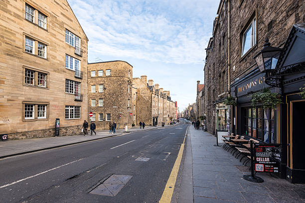 Edinburgh, Scotland, UK - February 14, 2025: The Canongate is a street and area in central Edinburgh, forming the main eastern part of the Royal Mile in Edinburgh's Old Town.