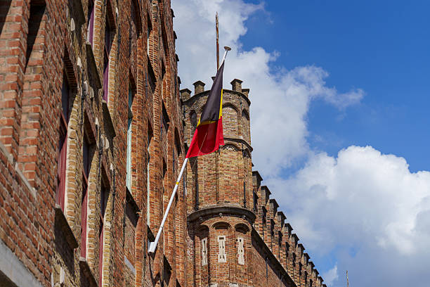 An old red brick building with many windows and a dome in the middle, on which hangs the Belgian flag. The photo was taken in the city.