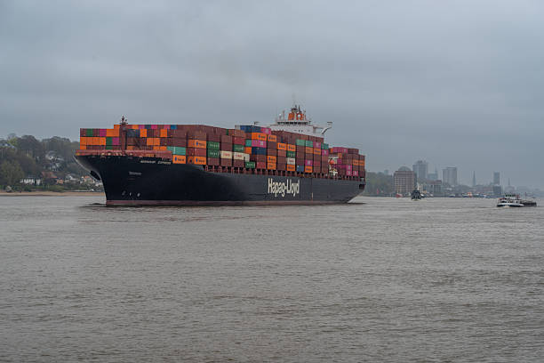 Hapag-Lloyd container ship transporting cargo on the Elbe river near Hamburg. Hamburg, Germany
