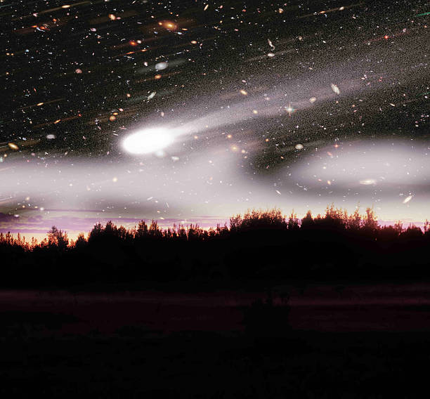 Fog and sunset on field in summer night and cosmic atmosphere of earth planet. Elements of image furnished by NASA.