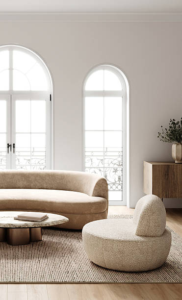 This serene living space showcases the boho scandinavian style with minimalist furnishings and abundant natural light. 3d render