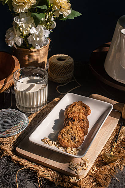 oatmeal-raisin-cookies-homemade-bakery-rustic-style-with-milk.