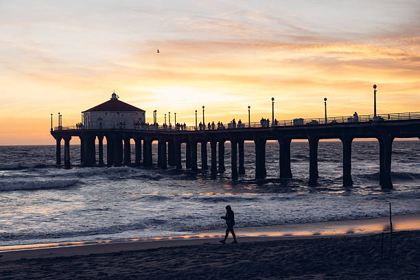 Silhouetted view of a wooden pier extending into the Pacific Ocean at sunset with a solitary figure walking on the sand. The warm colors of the sky reflect on calm water, and nearby palm forms frame the scene. This image conveys the peaceful close of a day on the Southern California coast.