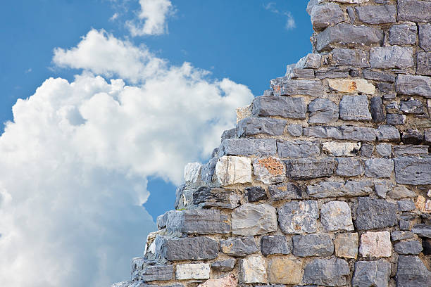 Stone wall with large stone blocks against a sky background - concept image with copy space