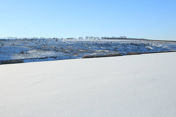 A snowy landscape with trees. Outdoor. Sky. Snow. Nature. Shore