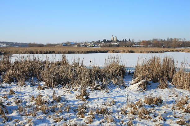 A field of snow. Outdoor. Sky. Grass. Snow. Nature