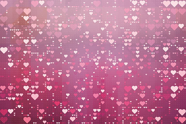 This vibrant pink abstract background features a digital scattering of small hearts over a subtle pixelated grid. Perfect for Valentine's Day designs or romantic social media posts, the soft color palette and geometric textures create a modern, tech-inspired atmosphere of love.