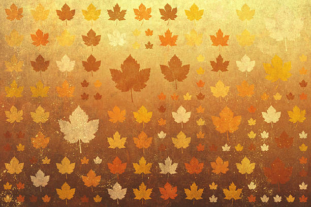 This vibrant autumn-themed illustration features a grid of stylized maple leaves in varying shades of orange, yellow, and cream against a heavily textured, vintage-inspired background. The distressed appearance and warm color palette evoke a nostalgic feeling of crisp fall days and nature.