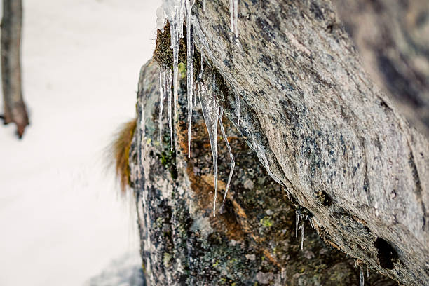 Mountain rocks covered by snow, with ice candles.