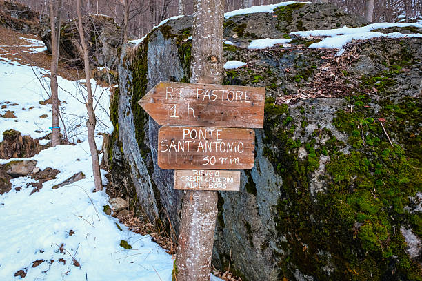 Trekking paths signs in Alagna Valsesia, at the slopes of Rosa Massif, during wintertime. It has located in Piedmont Region (Northern Italy) and it's a rinomate ski resort.