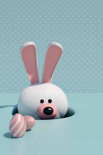 Cute Easter bunny with pink ears peeking out near decorated Easter eggs on a blue polka dot background. 3d rendering