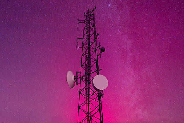 Aurora borealis illuminates the night sky above a telecommunications tower, symbolizing the effects of space weather and geomagnetic storms on modern technology. Solar activity and charged particles interacting with Earth’s magnetic field can disrupt radio signals, GPS, satellite communications, and power infrastructure. This image represents electromagnetic interference, grid vulnerability, and the growing dependence of digital systems on stable space and atmospheric conditions.
