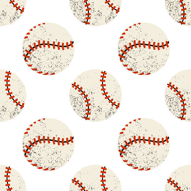 Vintage baseball balls seamless pattern with red stitches and grainy grunge texture.