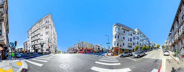 San Francisco, USA - April 30, 2019: scenic VIEW TO SAN FRANCISCO downtown AREA at Union street.