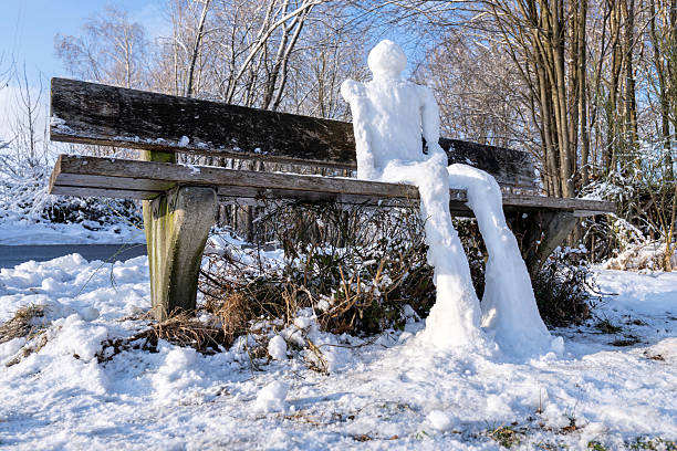 humanoid snowman sitting on a bench