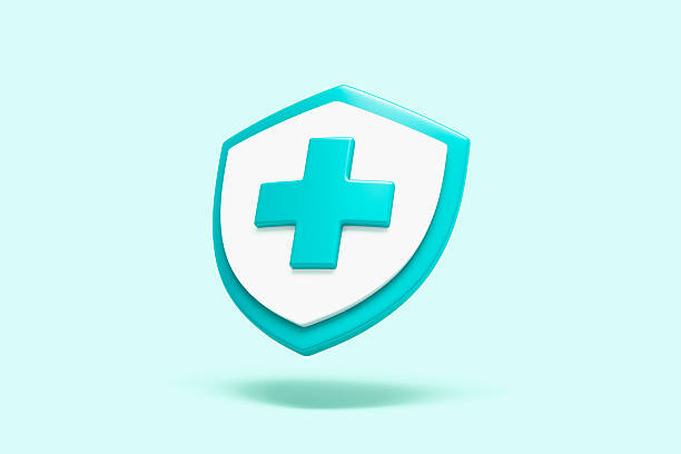 Shield with medical cross symbolizing healthcare protection, safety, care, support, prevention, and general health-related concepts. 3D illustration.