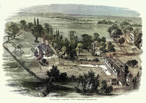 The Soldier's Daughters' Home, established in 1855 in Hampstead during the Crimean War, was a charitable institution on Rosslyn Hill providing education and maintenance for orphan girls of deceased soldiers, Victorian vintage illustration 19th Century, 1850s