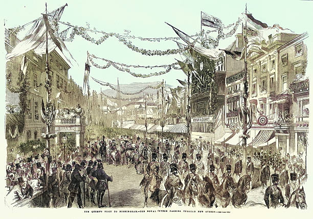 Queen Victoria's visit to Birmingham, Passing through New Street, Victorian vintage illustration 19th Century, 1850s