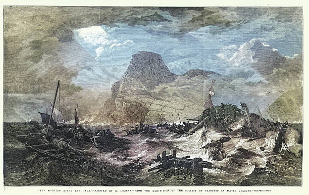 People collecting salvage from a shipwreck, Morning after the gale, after E Duncan, Victorian art, vintage illustration 19th Century, 1850s