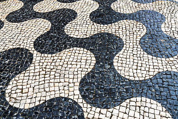 Patterened floor tiles making up a distinctive wave design on a large area of pavement in Lisbon, Portugal.