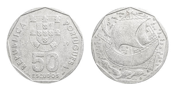 Front and back view of a Portuguese 50 escudos coin from 1989 isolated. Detailed numismatic image featuring national coat of arms, historic ship motif and metallic texture.