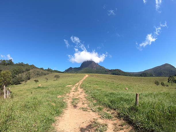 This outdoor scene shows a dirt trail stretching across a wide green field toward a tall mountain peak partially covered by a cloud. Its bright sky, open landscape, and natural beauty make it a popular choice for travel themes, hiking concepts, outdoor adventure content, and scenic nature imagery.