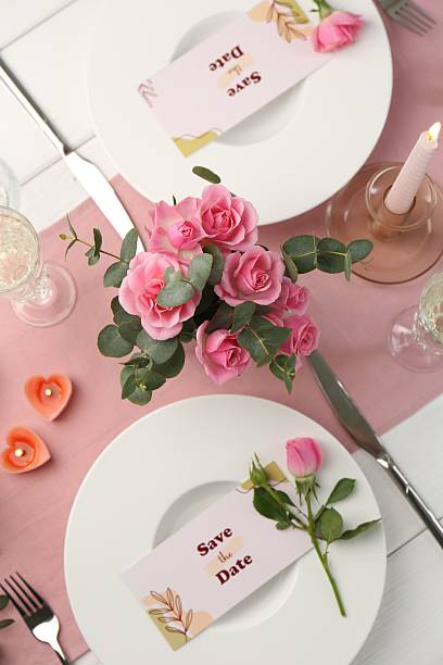 istock Romantic table setting with flowers and candles, flat lay 2257270915