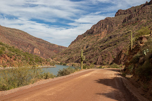 A scenic dirt road follows the edge of a rugged desert canyon along the Apache Trail near Phoenix, Arizona, featuring rocky cliffs, calm water, and towering saguaro cactus beneath a partly cloudy blue sky. The image highlights the remote beauty of the American Southwest and the natural landscapes surrounding this iconic scenic drive.