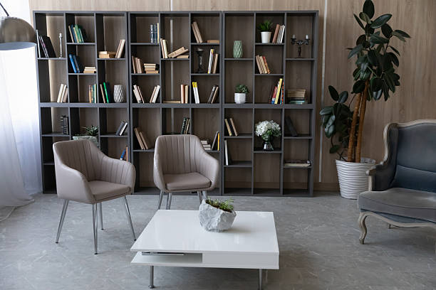 Stylish apartment interior design with armchairs, bookshelves, coffee table, home plant. Trendy living room with nobody, empty house space with contemporary retro furniture. Real estate concept