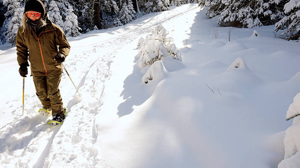 Young woman snowshoes through forest on cold, snow day, sunset, Crowsnest Pass, Alberta
