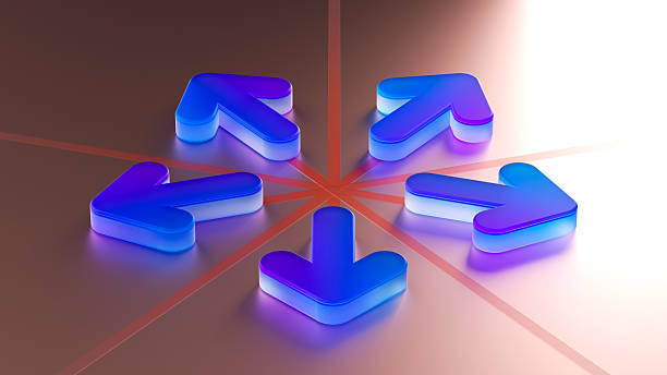 A dynamic 3D visualization featuring four blue and purple arrows pointing outwards from a central point, symbolizing expansion, divergence, and strategic distribution. The glowing design on a sleek background illustrates concepts of growth, multiple opportunities, and spreading influence in a global market. Ideally suited for business presentations, financial reports, and marketing materials focused on exploring new directions, diversification, and scaling operations. It visually represents the idea of branching out and reaching new targets from a central hub.