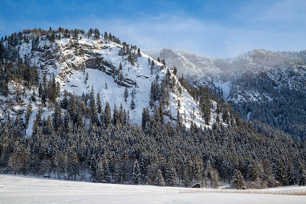 A beautiful winter landscape with snowcapped mountains and trees under blue sky in European Alps.