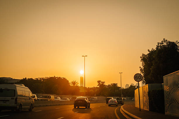 Dubai, United Arab Emirates - January 12, 2026: Sunset over a highway in Dubai, vehicles on the road, palm trees, and a speed limit sign visible