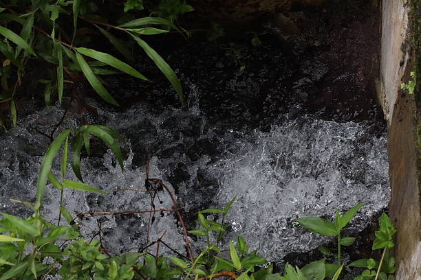 Splashing water in a canal often occurs at locks, dams, or points where water is redirected, creating turbulent, moving water scenes.