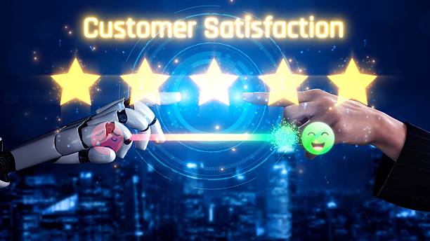 A dynamic digital illustration representing high customer satisfaction through a collaboration between AI and human interaction. A robotic hand and a human hand reach out, connecting with a glowing five-star rating and a happy green emoji face. This imagery signifies excellent customer service, positive user experience, and the integration of artificial intelligence in enhancing customer relations. Ideal for marketing, technology, and customer service content.