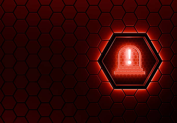 Warning: A red alarm symbol glows against a dark, hexagonal backdrop, symbolizing danger, a sense of emergency, and a call to immediate action.