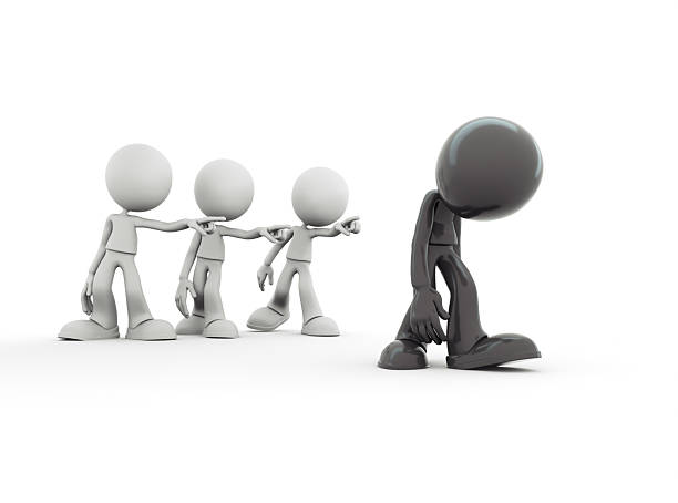 Three people are pointing fingers at a sad, excluded person. This is a 3d illustration, made by hand.