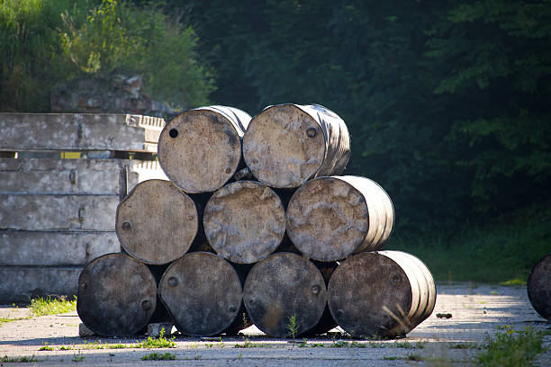 A stack of weathered metal barrels sits on a concrete surface, with a backdrop of lush green trees and sunlight filtering through.